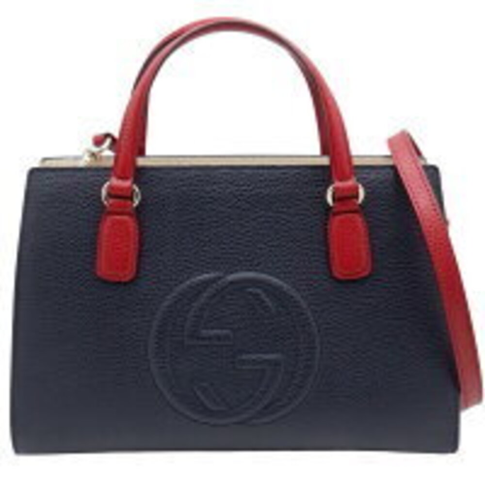 GUCCI Soho Top Handle Bag Leather Crossbody GG Navy Blue White Red Tricolor